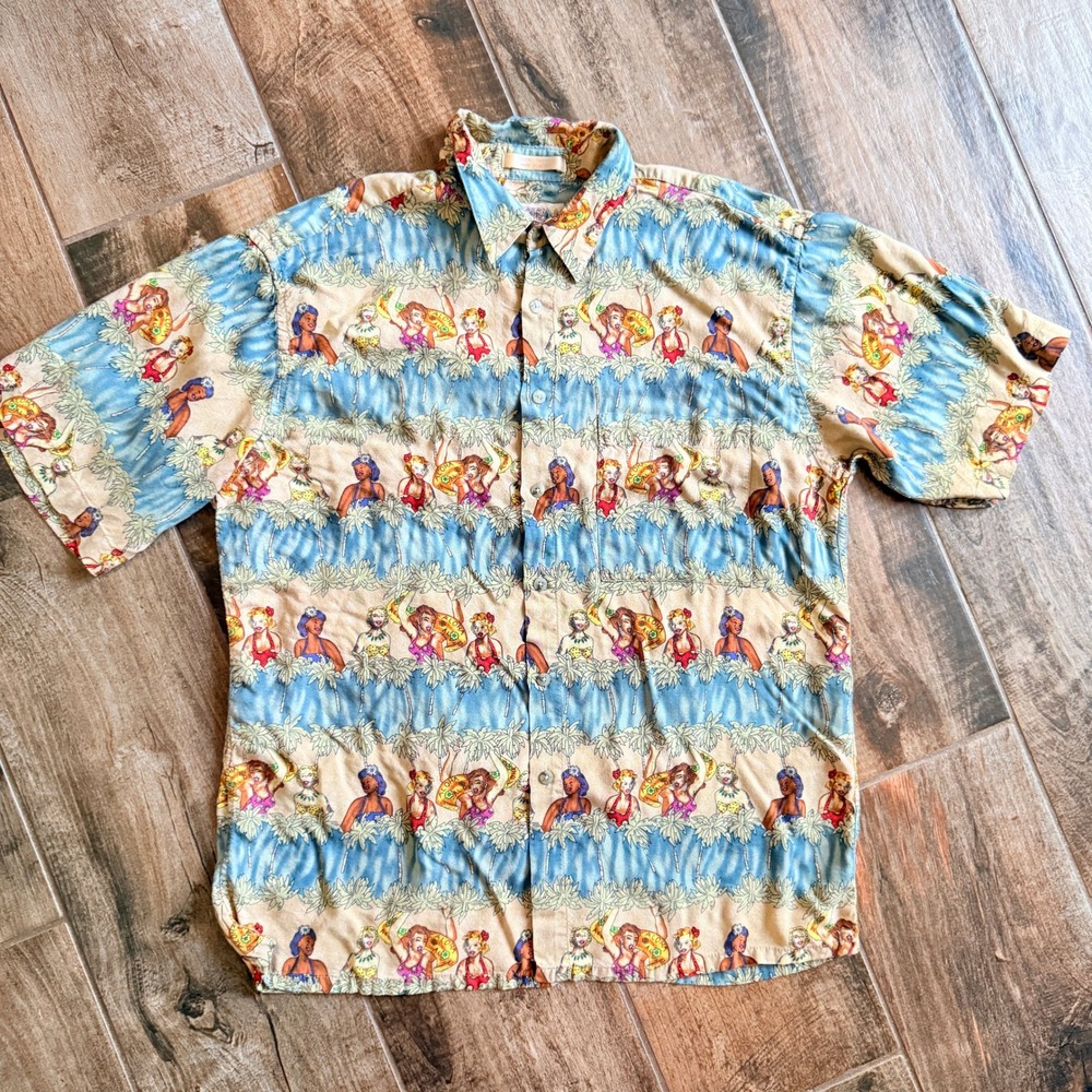 Campia Moda Mens Retro AOP Hula Girl Novelty Print Aloha Shirt, Blue Tan,L